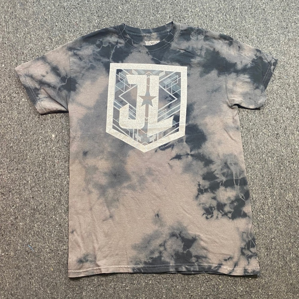 Justice League TShirt Sz M Mens Grey Tie Dye Skater Glitter Shield Logo Graphic